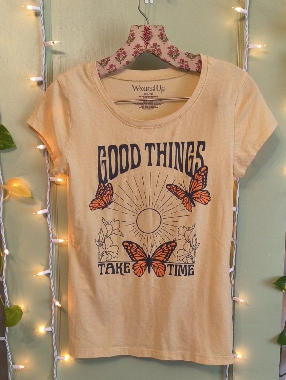 Women's 🆓 Wound Up Good things Take Time Butterfly Yellow Fitted Tee M